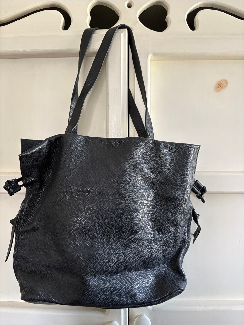 Black Pebbled Leather Tote Bag with Long Shoulder Straps